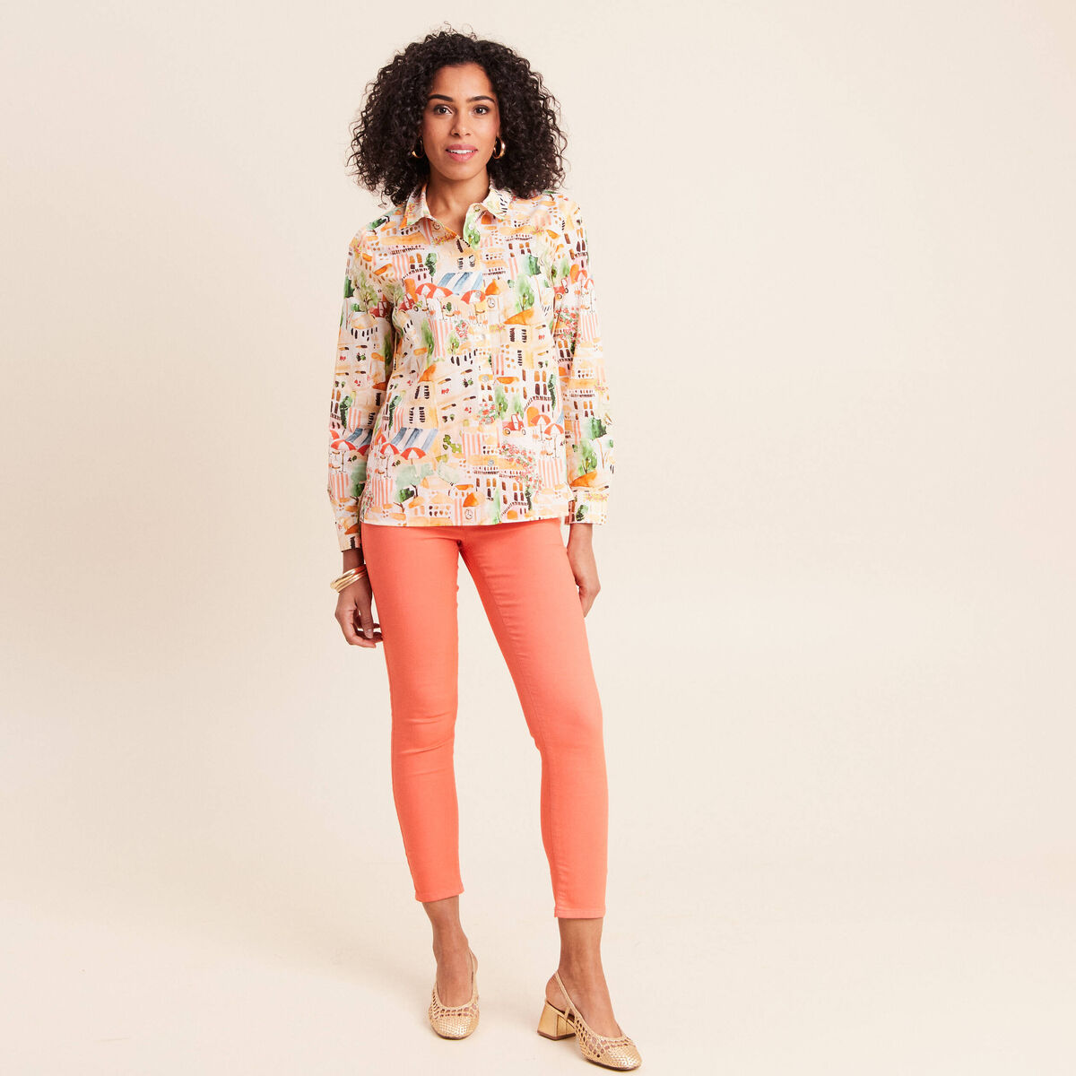 Chemise col am&eacute;ricain manches longues multicolore femme