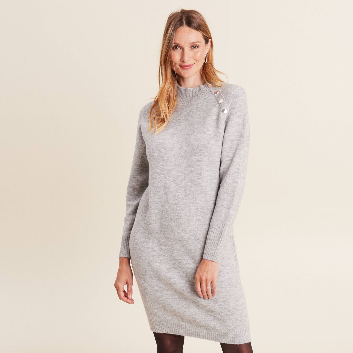 Robe pull droite col montant gris clair femme