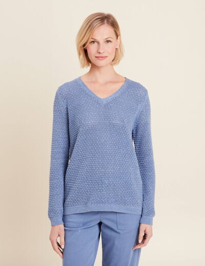 Pull manches longues col en V bleu ciel femme