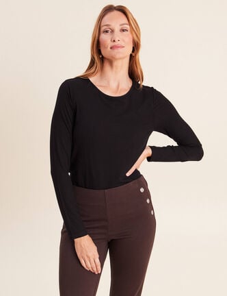 T-shirt ajust&eacute; col rond manches longues noir femme