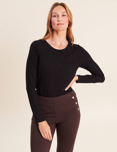T-shirt ajust&eacute; col rond manches longues noir femme