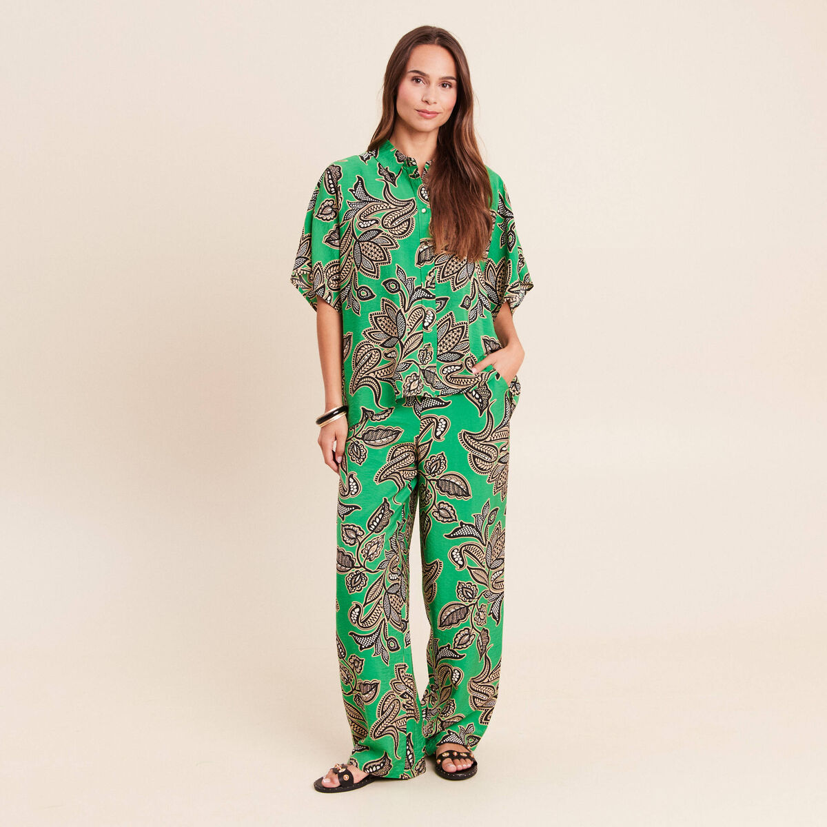 Pantalon large taille haute vert femme