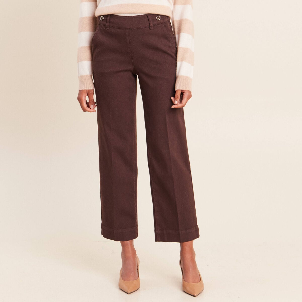 Jean large taille haute &agrave; paillettes marron fonc&eacute; femme