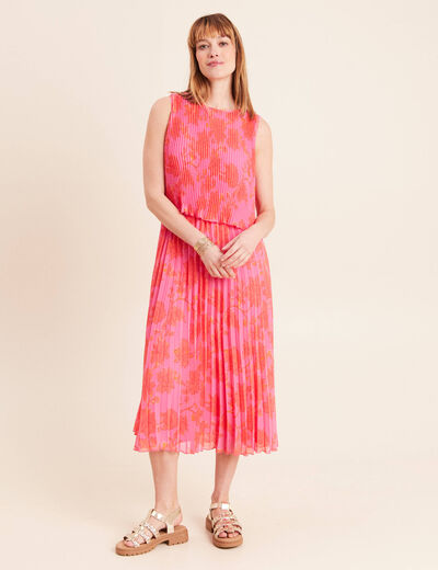Robe longue &eacute;vas&eacute;e pliss&eacute;e sans manches rose femme