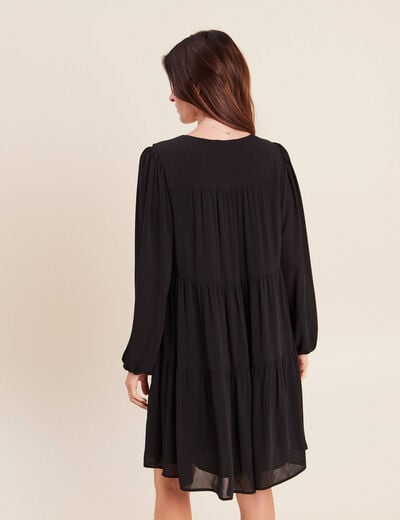 Robe courte &eacute;vas&eacute;e col v manches longues noir femme