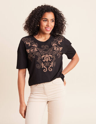 T-shirt col rond manches courtes noir femme