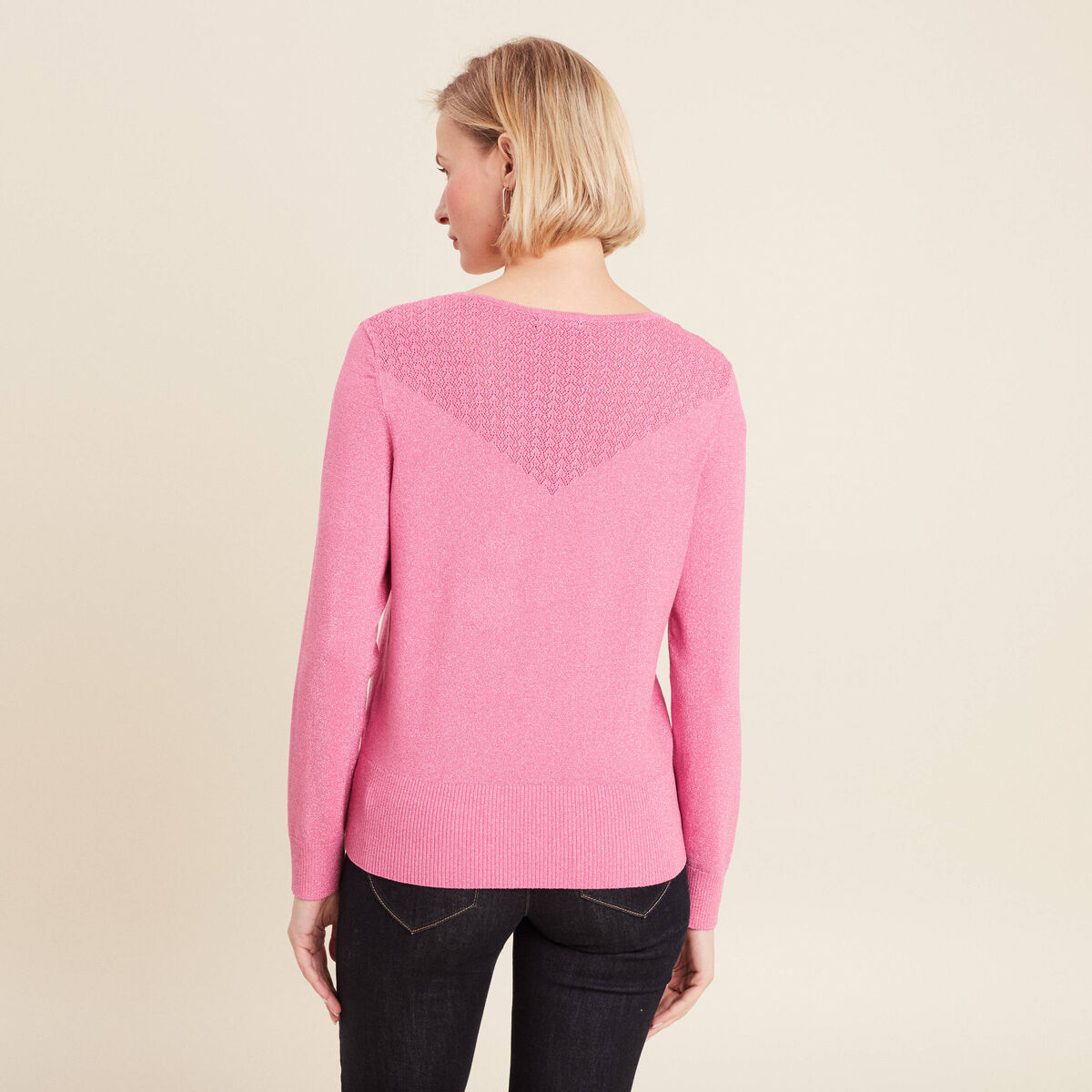 Pull manches longues col en V rose femme