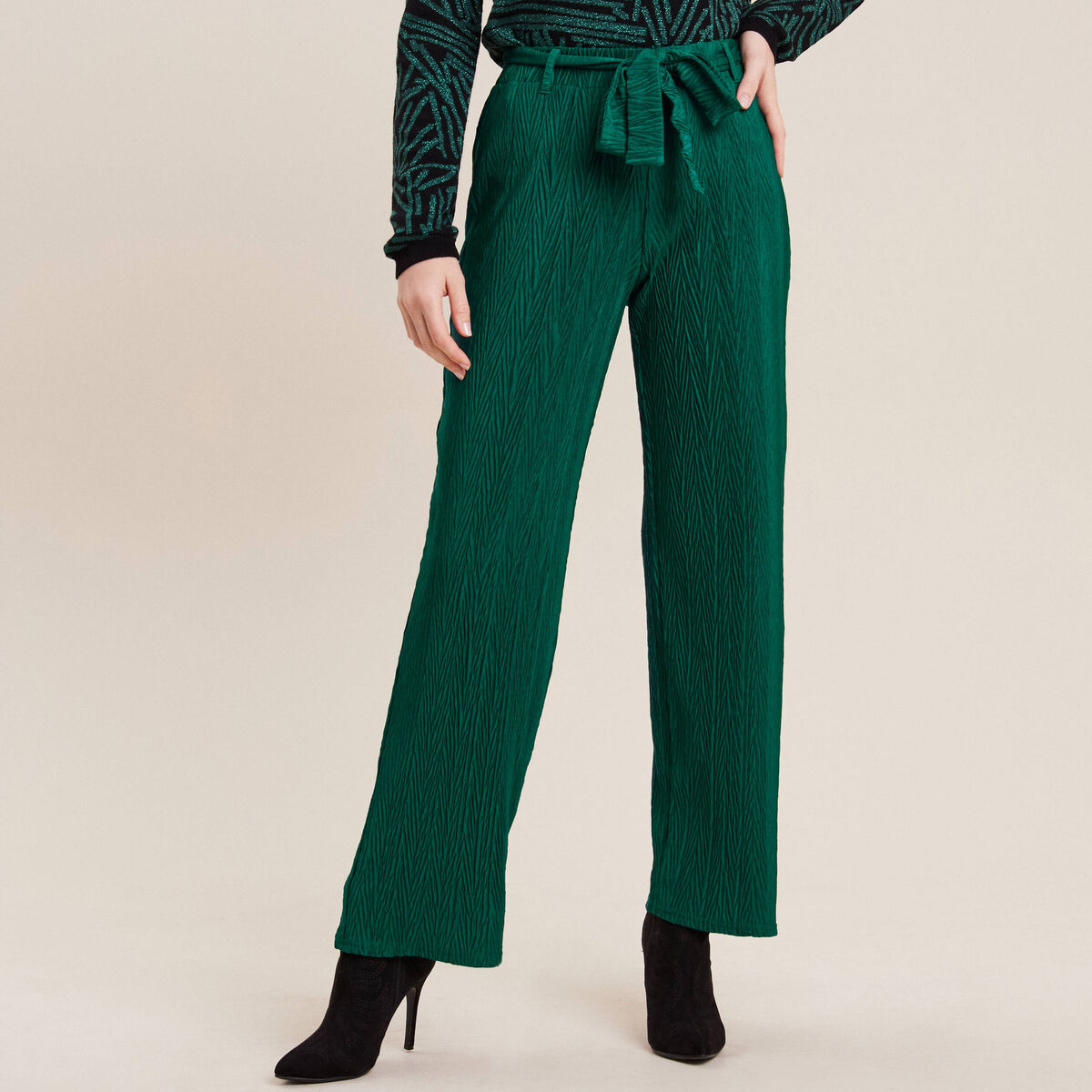 Pantalon large ceinturé vert femme