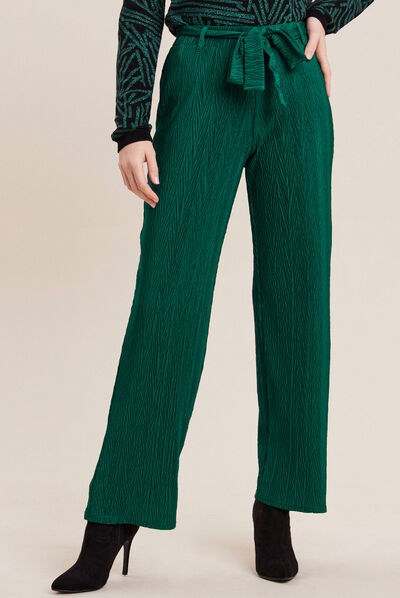 Pantalon large ceinturé vert femme