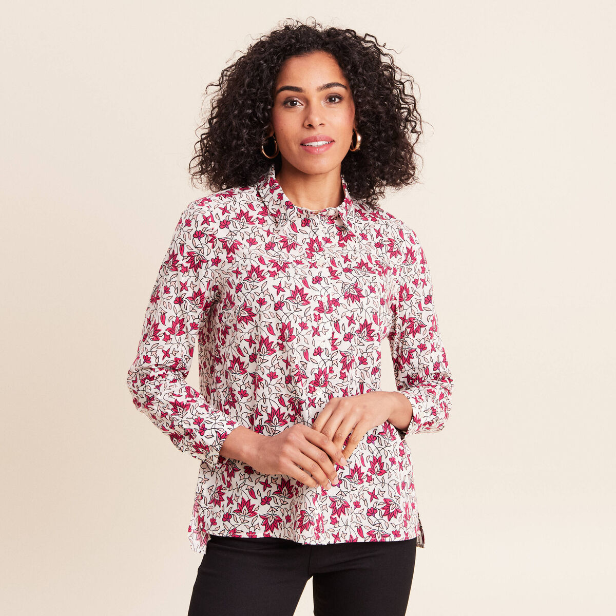 Chemise droite manches longues fluide rose femme