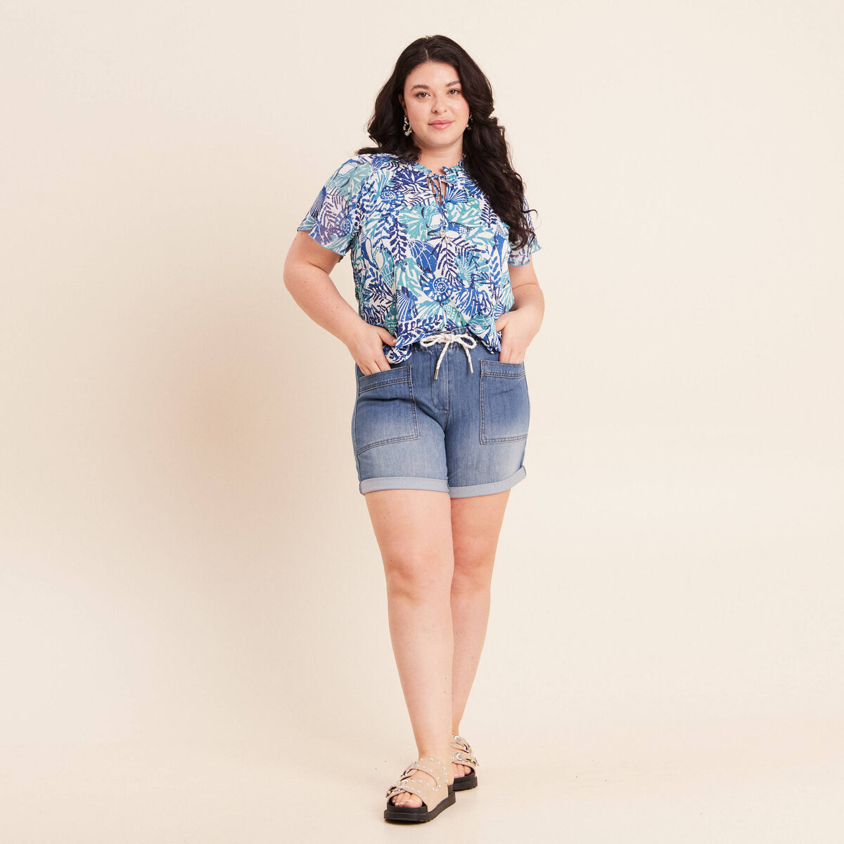 T-shirt col tunisien manches courtes bleu femme