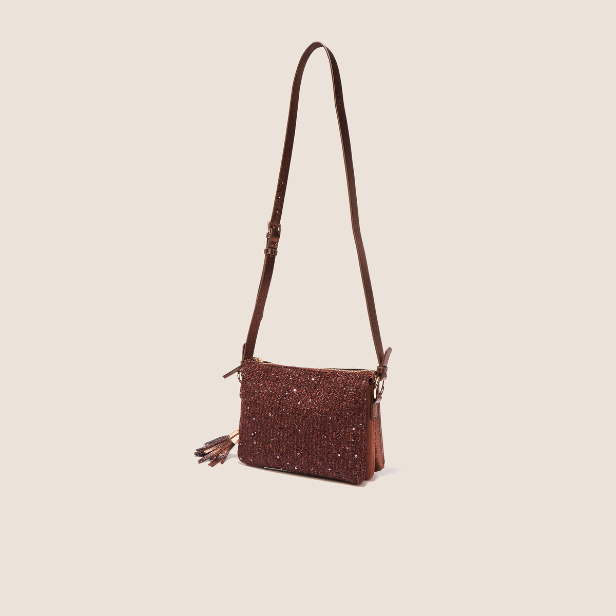 Sac en bandouli&egrave;re &agrave; 3 poches marron fonc&eacute; femme