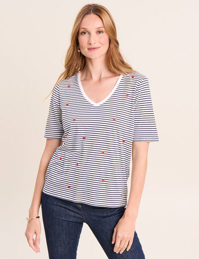 T-shirt droit broderie manches courtes bleu femme