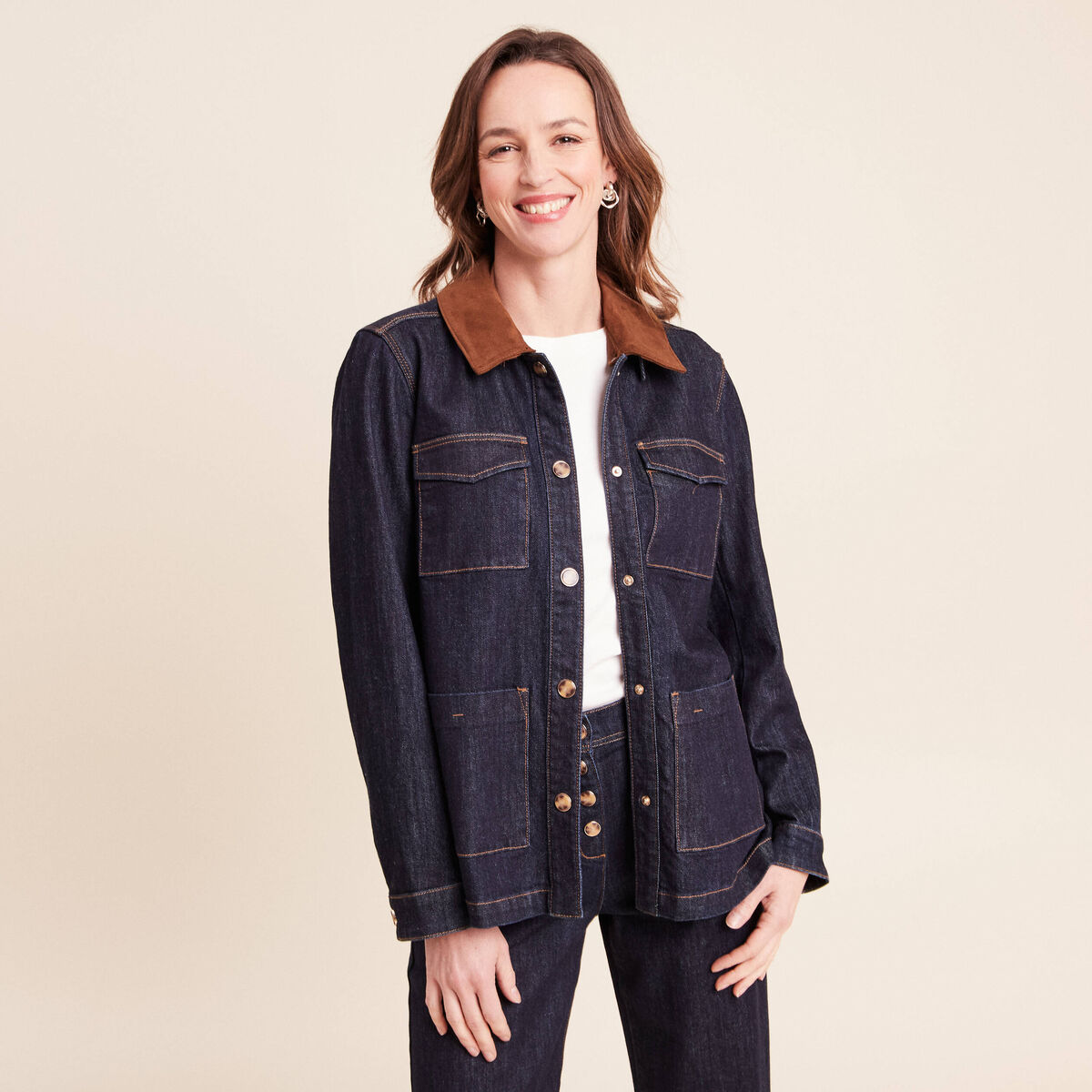 Veste droite &agrave; manches longues denim brut femme