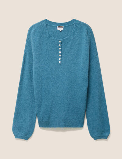 Pull col tunisien bleu p&eacute;trole femme