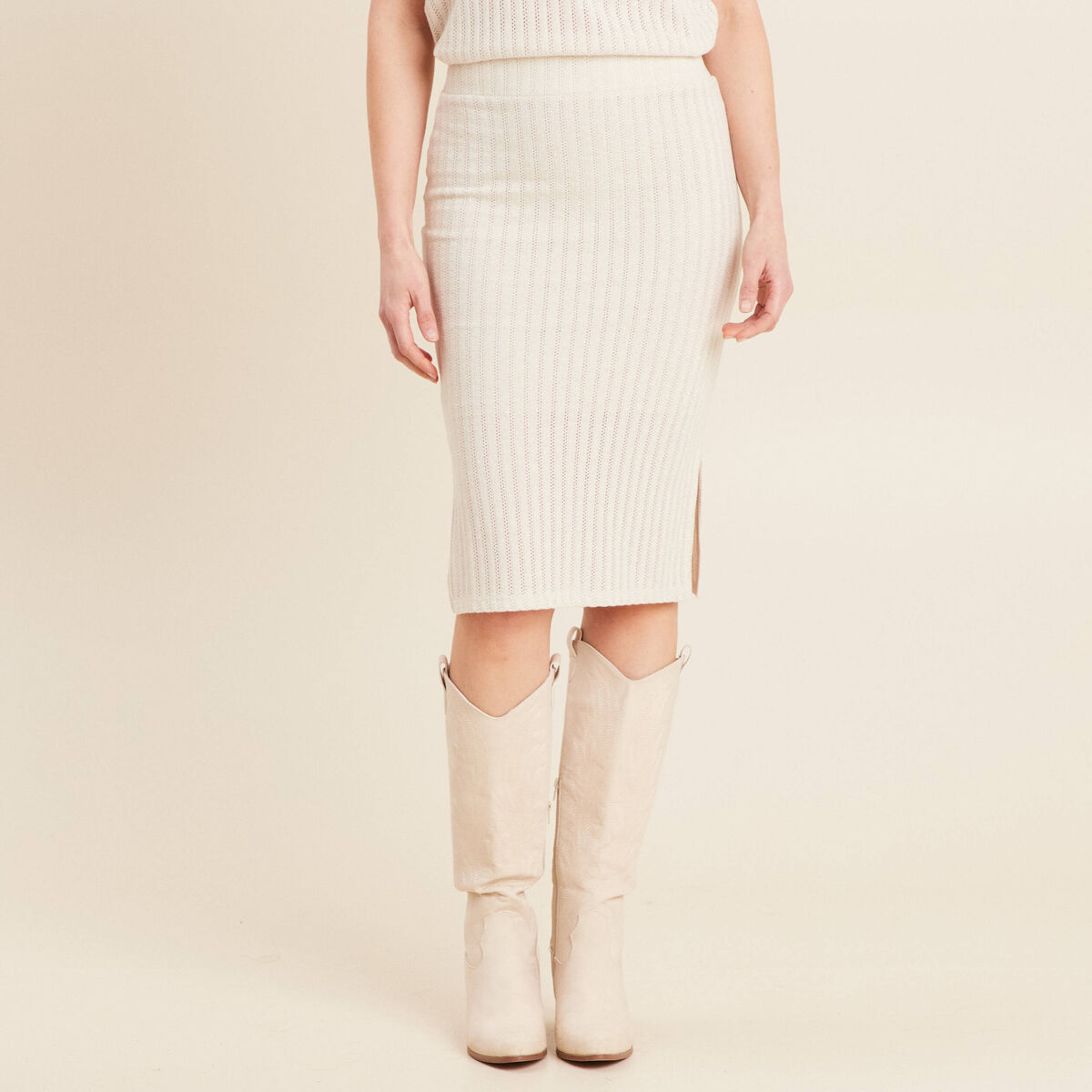 Jupe tricot longue tube ecru femme