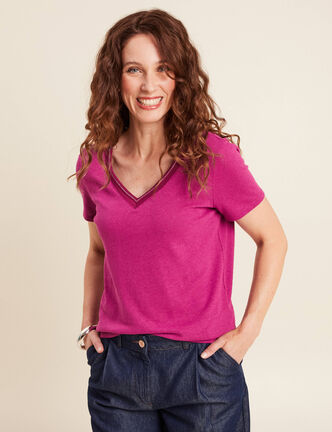 T-shirt manches courtes col en V violet femme