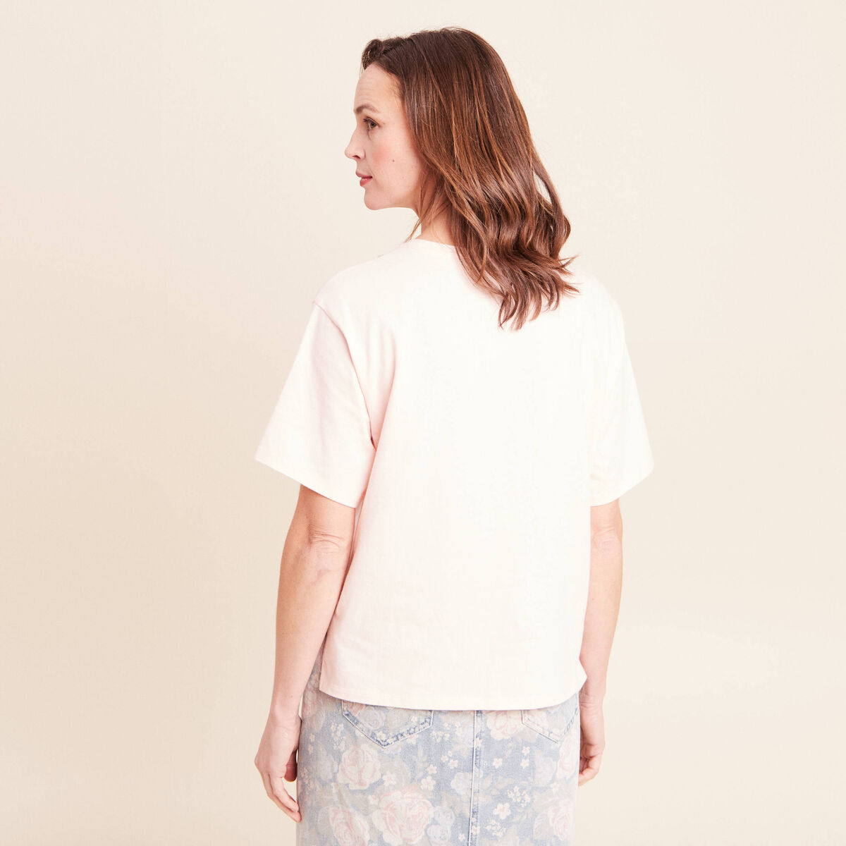 T-shirt col rond manches courtes rose clair femme
