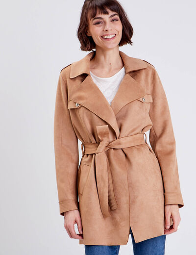 Trench droit effet suédine marron femme