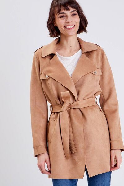 Trench droit effet suédine marron femme