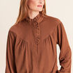 Blouse droite pliss&eacute;e col montant marron fonc&eacute; femme