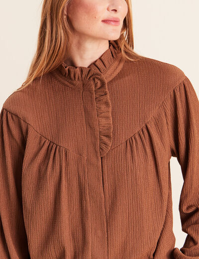 Blouse droite pliss&eacute;e col montant marron fonc&eacute; femme