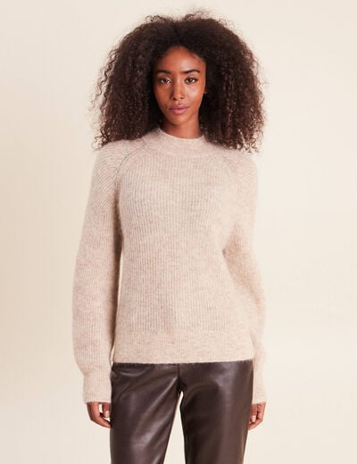 Pull droit col montant manches longues beige femme