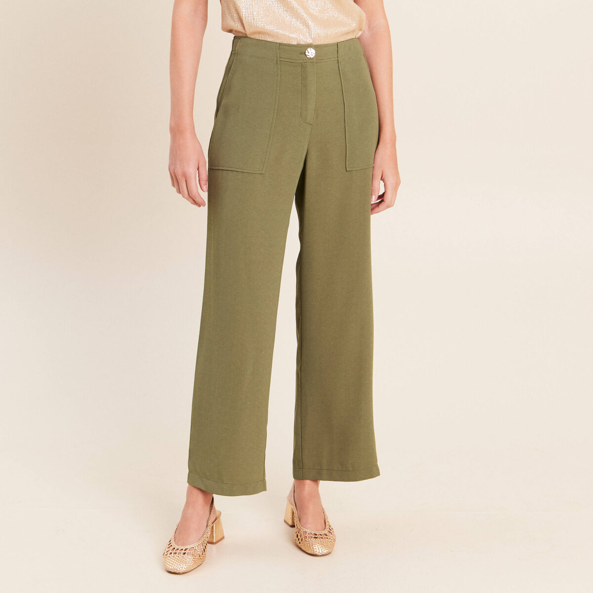 Pantalon large 7/8&egrave;me taille haute vert kaki femme