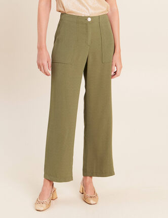 Pantalon large 7/8&egrave;me taille haute vert kaki femme
