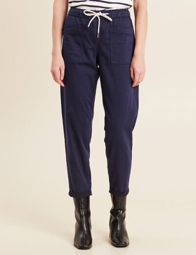 Pantalon coupe droite à coulisse bleu marine femme