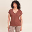 T-shirt col v manches courtes aspect lin marron fonc&eacute; femme