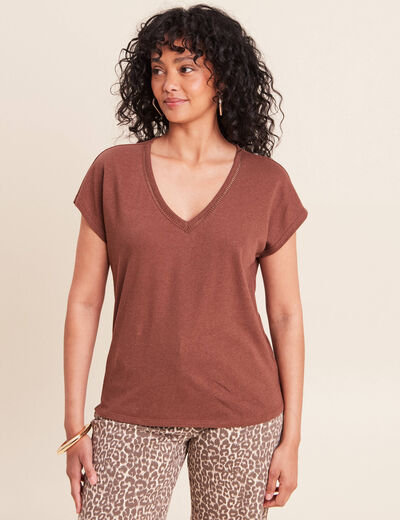 T-shirt col v manches courtes aspect lin marron fonc&eacute; femme