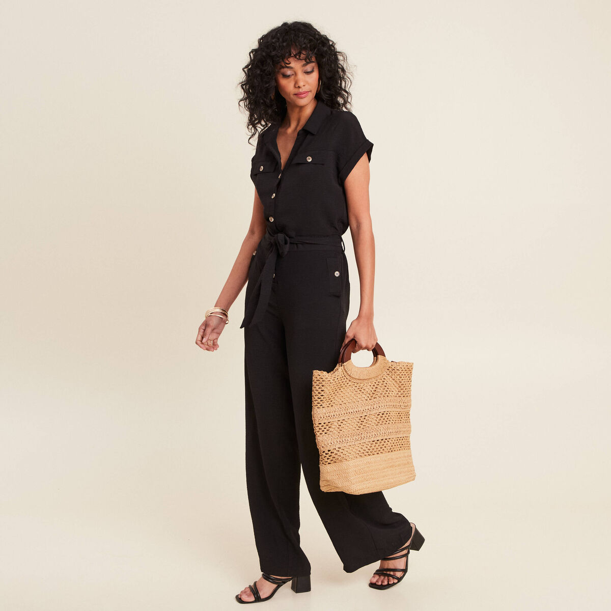 Combinaison pantalon ceinturée noir femme