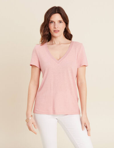 T-shirt manches courtes col en V vieux rose femme