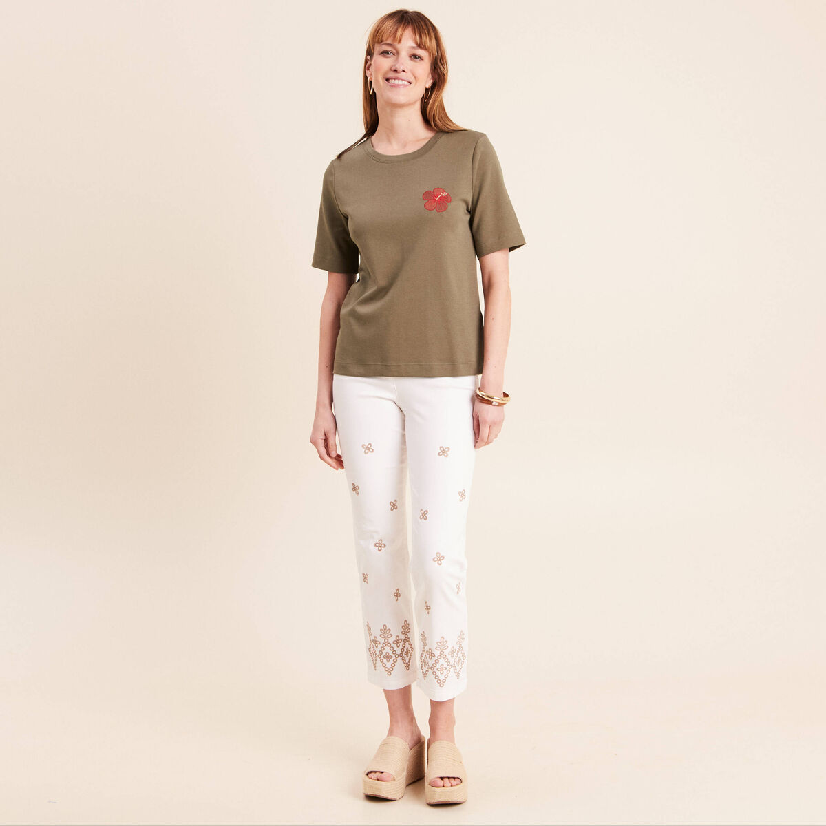 T-shirt col rond manches courtes vert kaki femme