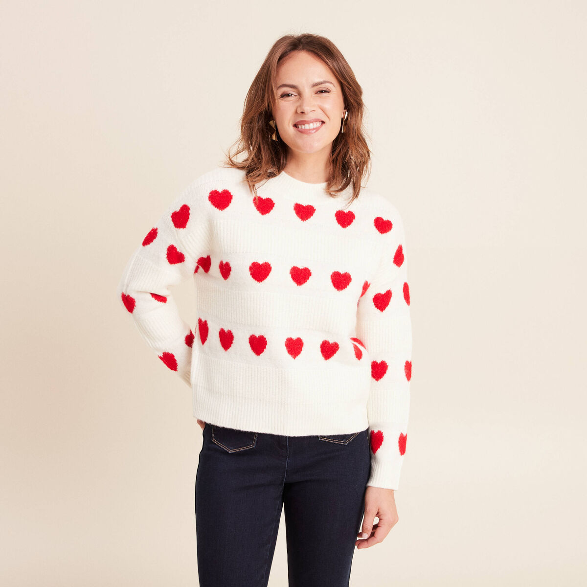 Pull col rond manches longues rouge femme