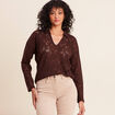 Polo manches 3/4 aspect dentelle marron fonc&eacute; femme
