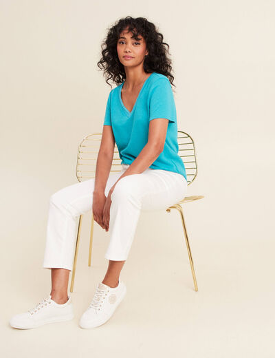 T-shirt manches courtes col en V vert turquoise femme