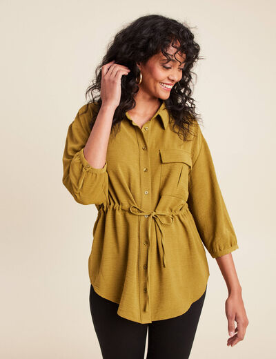 chemise droite longue manches longues vert kaki femme
