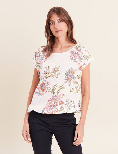 Blouse pliss&eacute;e col rond manches courtes ecru femme