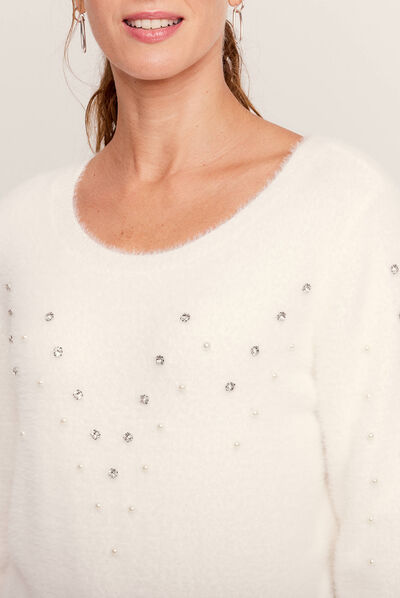 Pull manches longues strass ecru femme