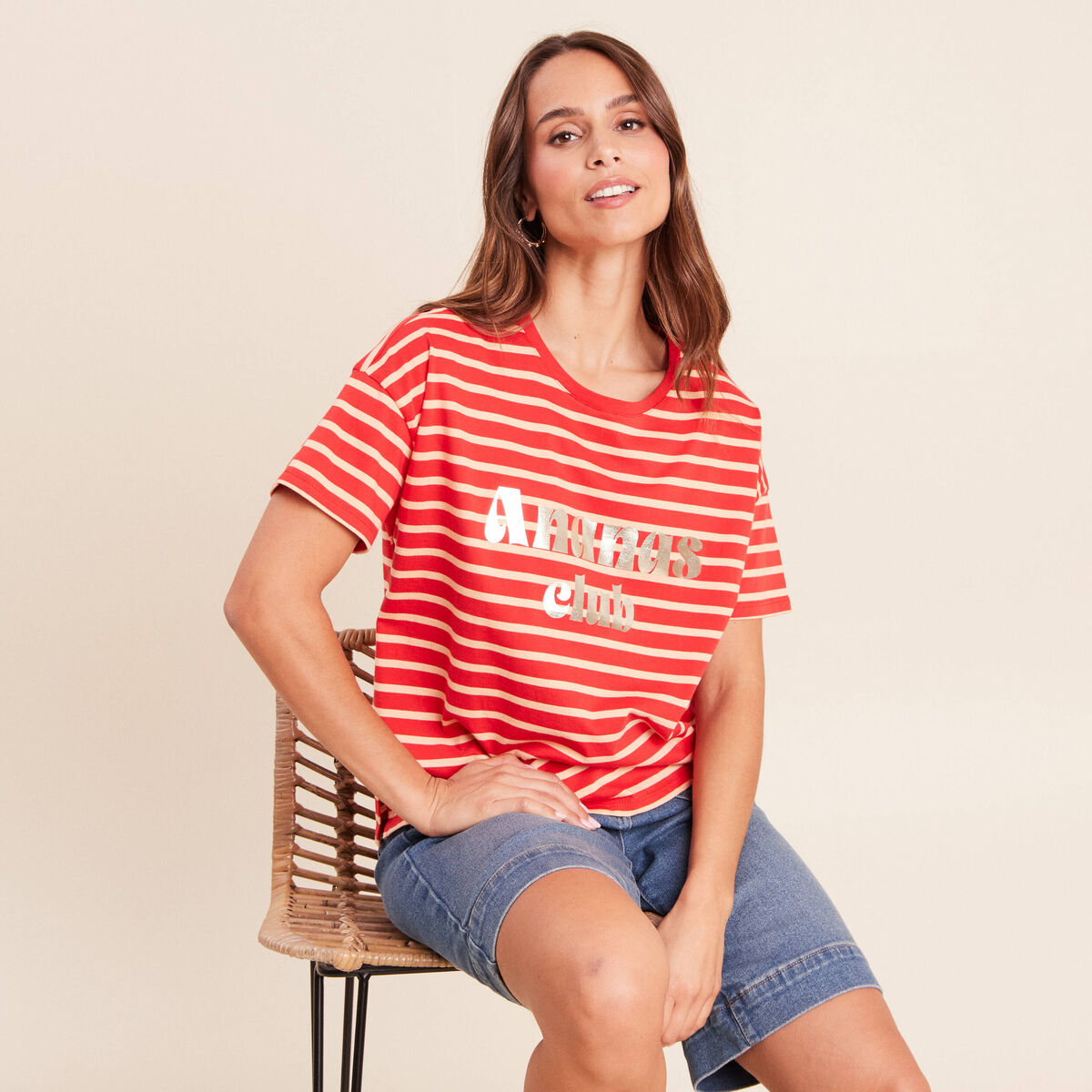 T-shirt col rond manches courtes rose femme