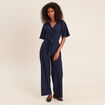 Combinaison large col v manches courtes bleu marine femme