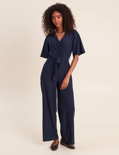 Combinaison large col v manches courtes bleu marine femme