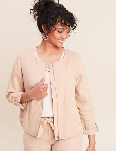 Veste bas resserr&eacute; aspect lin sable femme