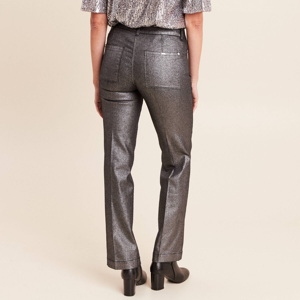 Pantalon enduit coupe large couleur argent femme