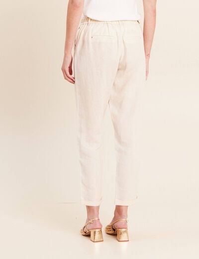 Pantalon coupe chino en lin ceintur&eacute; beige femme