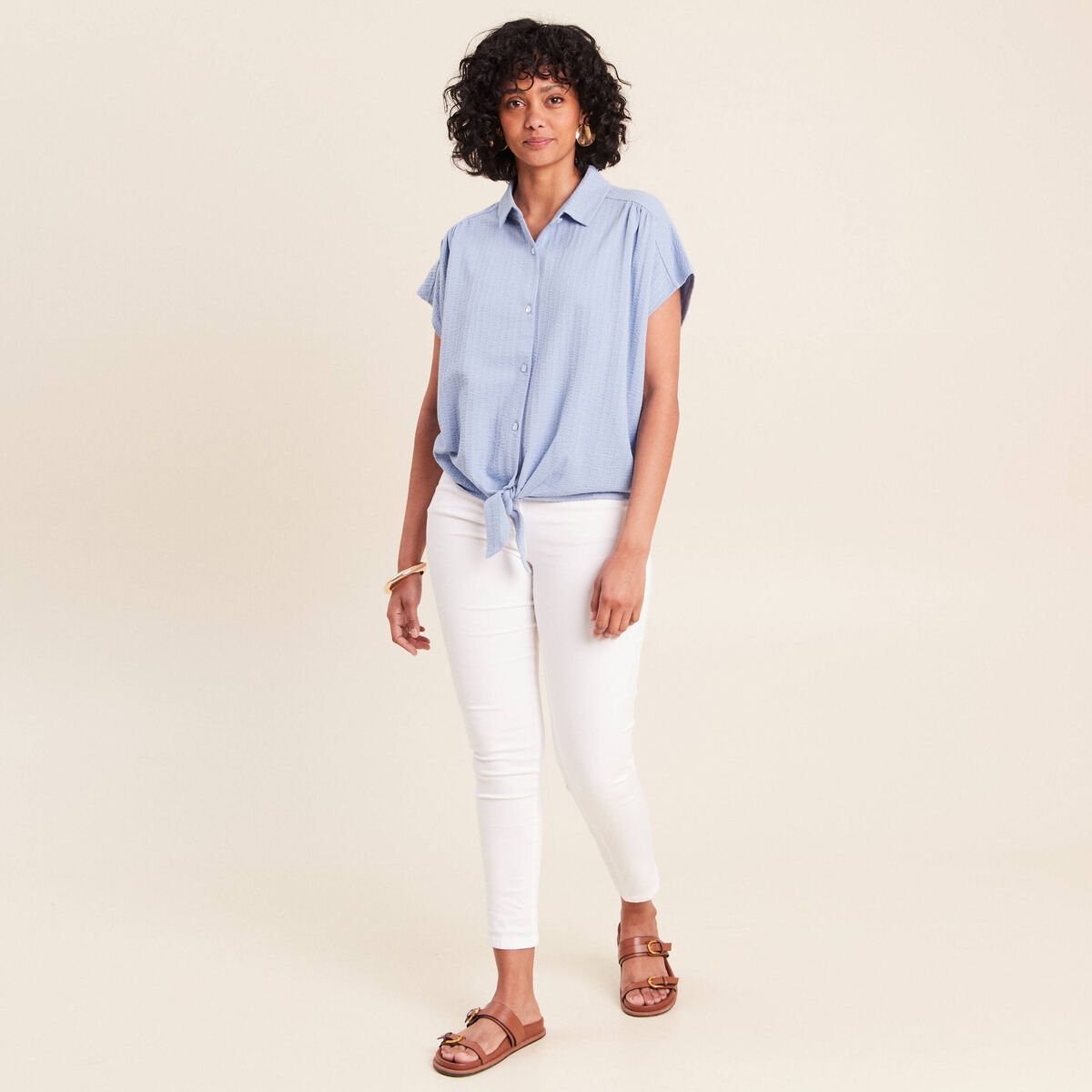 Blouse ample cropped col am&eacute;ricain bleu gris femme
