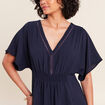 Robe longue &eacute;vas&eacute;e col v manches coudes bleu marine femme