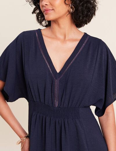 Robe longue &eacute;vas&eacute;e col v manches coudes bleu marine femme